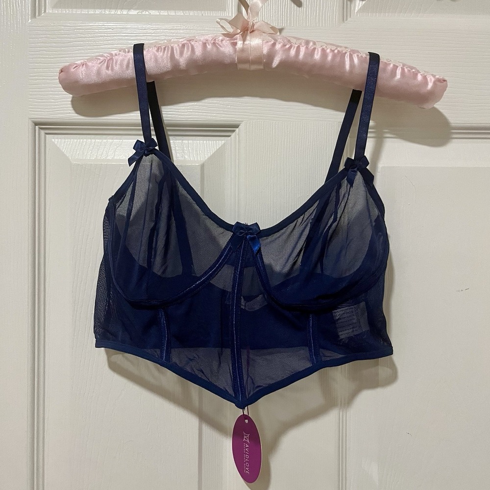 NWT Avidlove Sheer Mesh Bralette Top Navy Blue Bustier Style M Lingerie Y2K